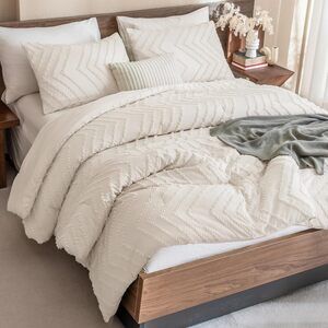 King Size Comforter Set Beige, Boho Cream Soft Warm Tufted Neutral